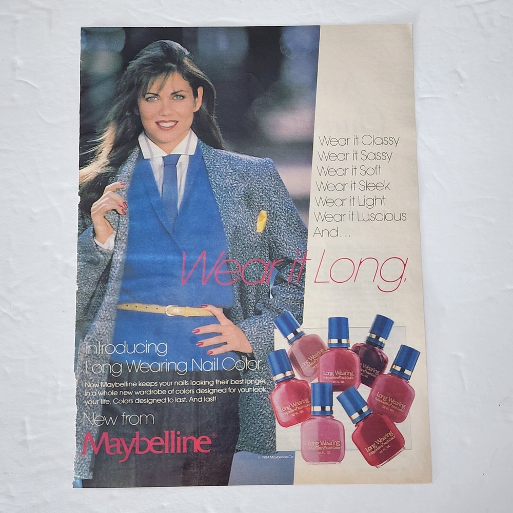Vintage 1985 Maybelline Print Ad Long Wearing Nail Color Polish Model Clipping